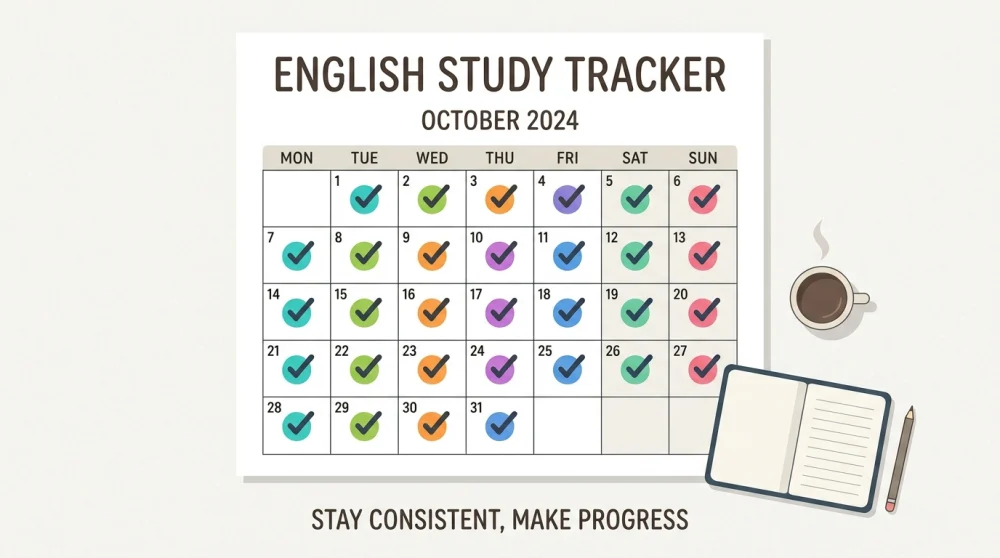 Person marking English study habits on a calendar