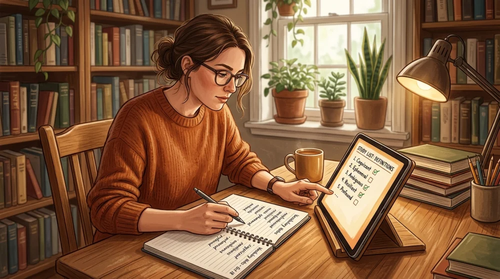 A person checking their spelling against a word list on a tablet