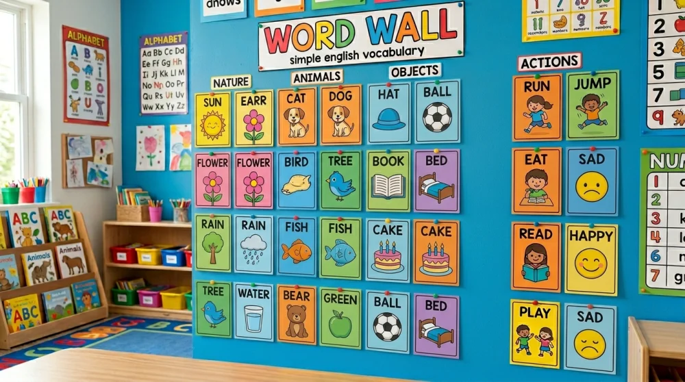 A colorful word wall showing beginner English vocabulary words