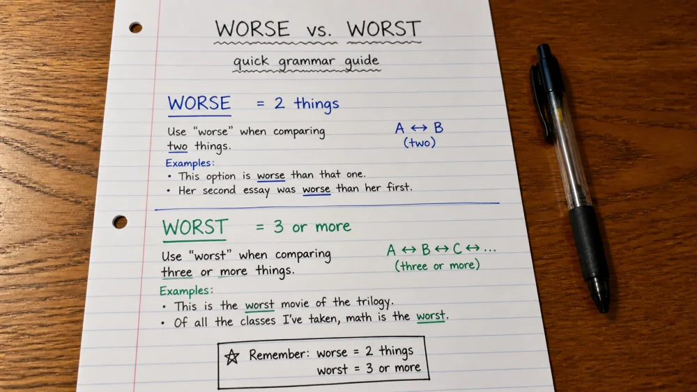 一张笔记本纸上写着手绘的 worse vs worse 速查表，附有简单的例子和箭头指向