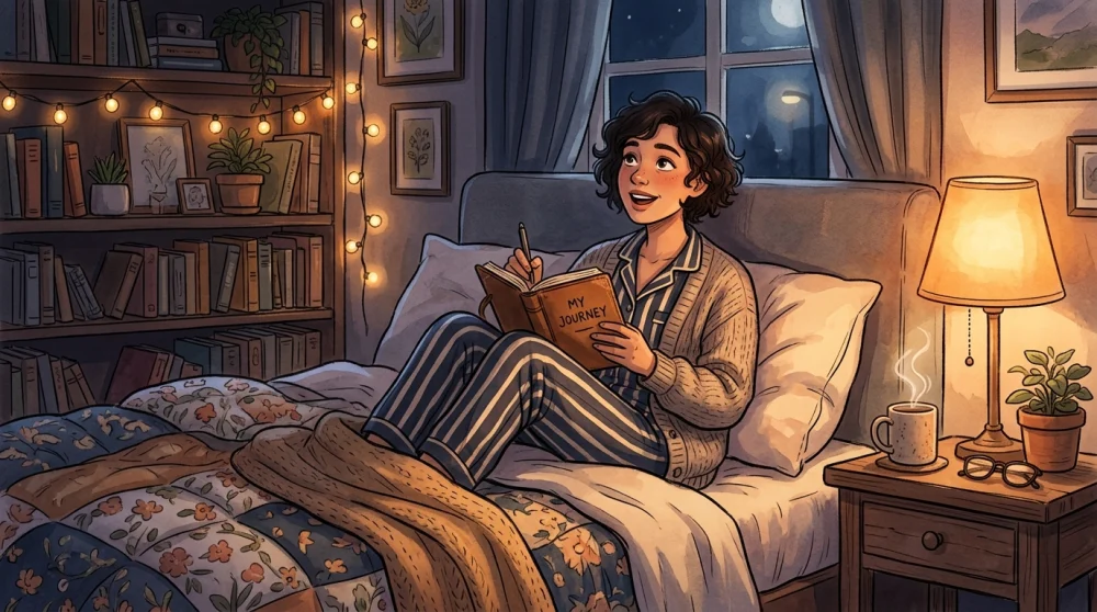 A cozy nighttime scene of someone journaling and speaking English before bed