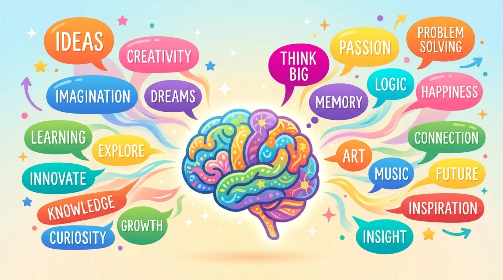 Illustration of a brain with thought bubbles showing English words flowing naturally