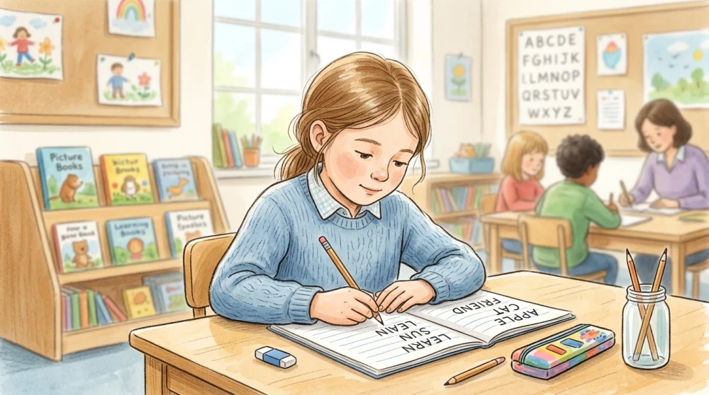 A student writing words in a notebook during a dictation exercise