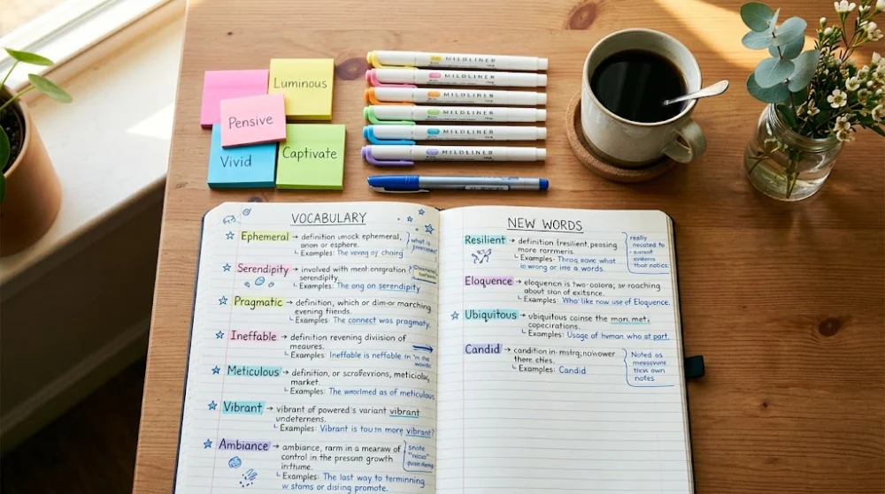 A colorful vocabulary notebook open on a desk with English words highlighted and sticky notes
