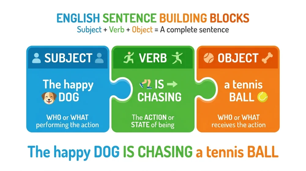 A visual diagram showing the building blocks of a simple English sentence with subject, verb, and object labeled