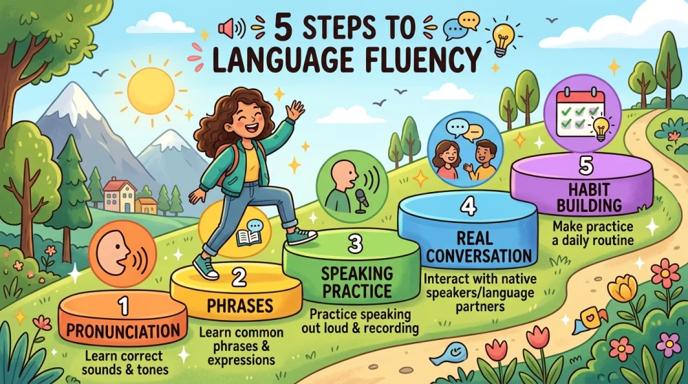 Diagram illustrating the 5-step roadmap for English learning