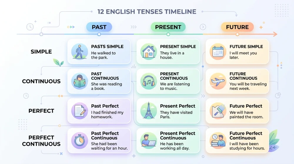 一个视觉时间轴，按过去、现在和将来组织英语时态