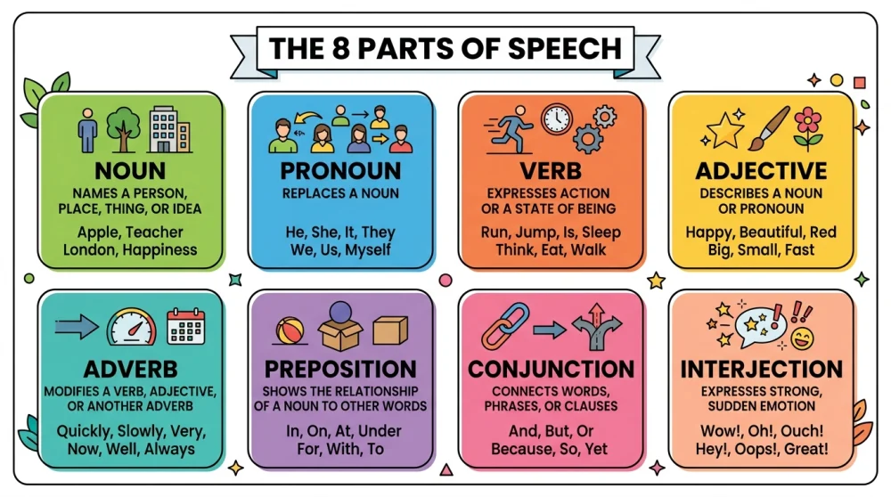 一个彩色图表，展示英语中的八种词性