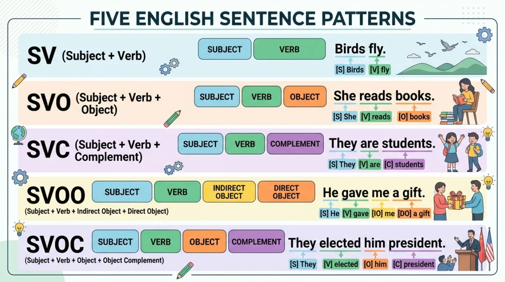 A chart showing five English sentence patterns with color-coded examples for subject, verb, object, and complement