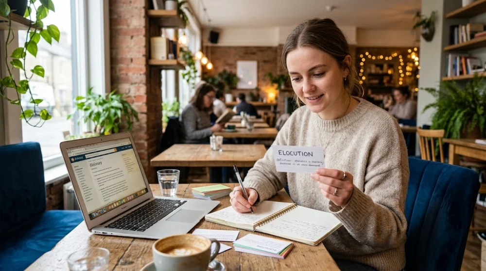 A student studying English flashcards at a cafe with a laptop and notebook