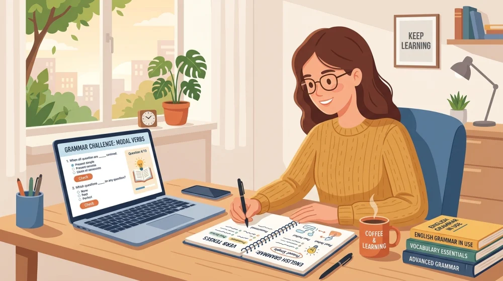 一个人在书桌前学习英语语法，桌上有笔记本、笔记本电脑和咖啡