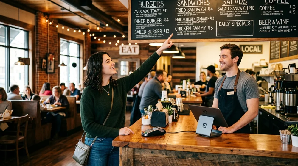 A person ordering food at a casual American restaurant counter