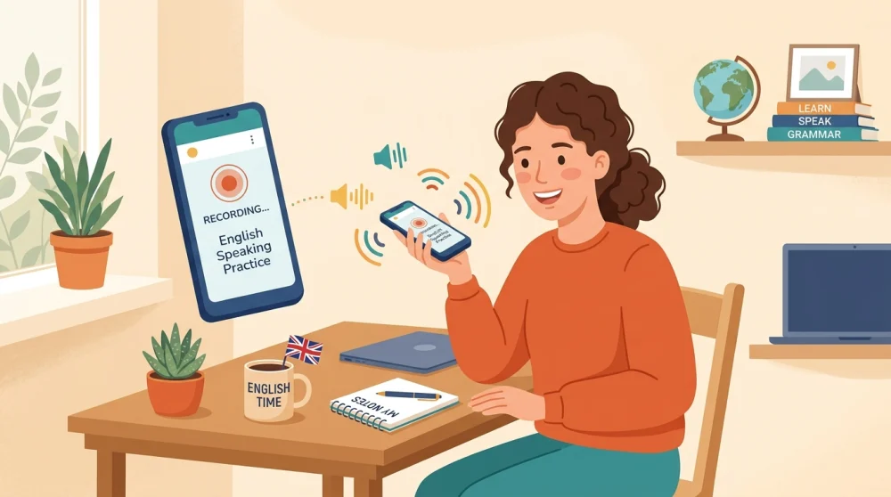 Illustration of someone practicing English by recording on their smartphone