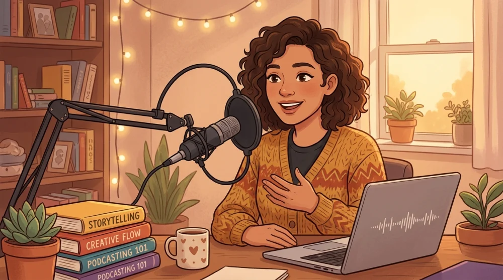 A person practicing English speaking confidently into a microphone at a desk