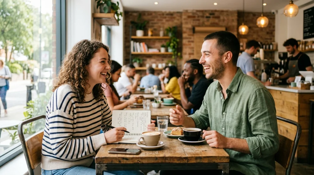 A learner practicing English conversation with a friend at a coffee shop