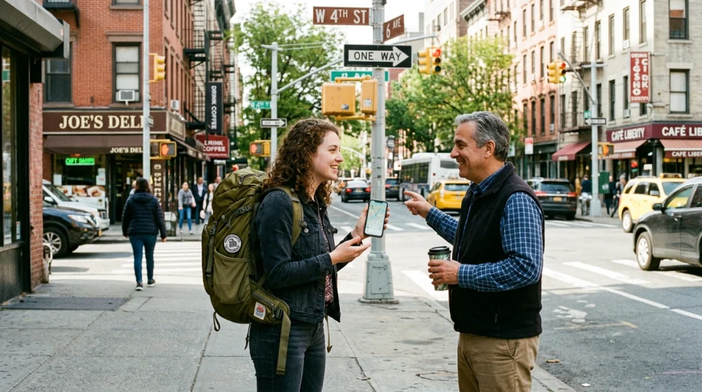 A traveler with a backpack asking for directions on an American city street