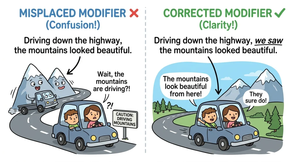 An illustration showing a misplaced modifier example with humorous visual of a wrong vs correct sentence