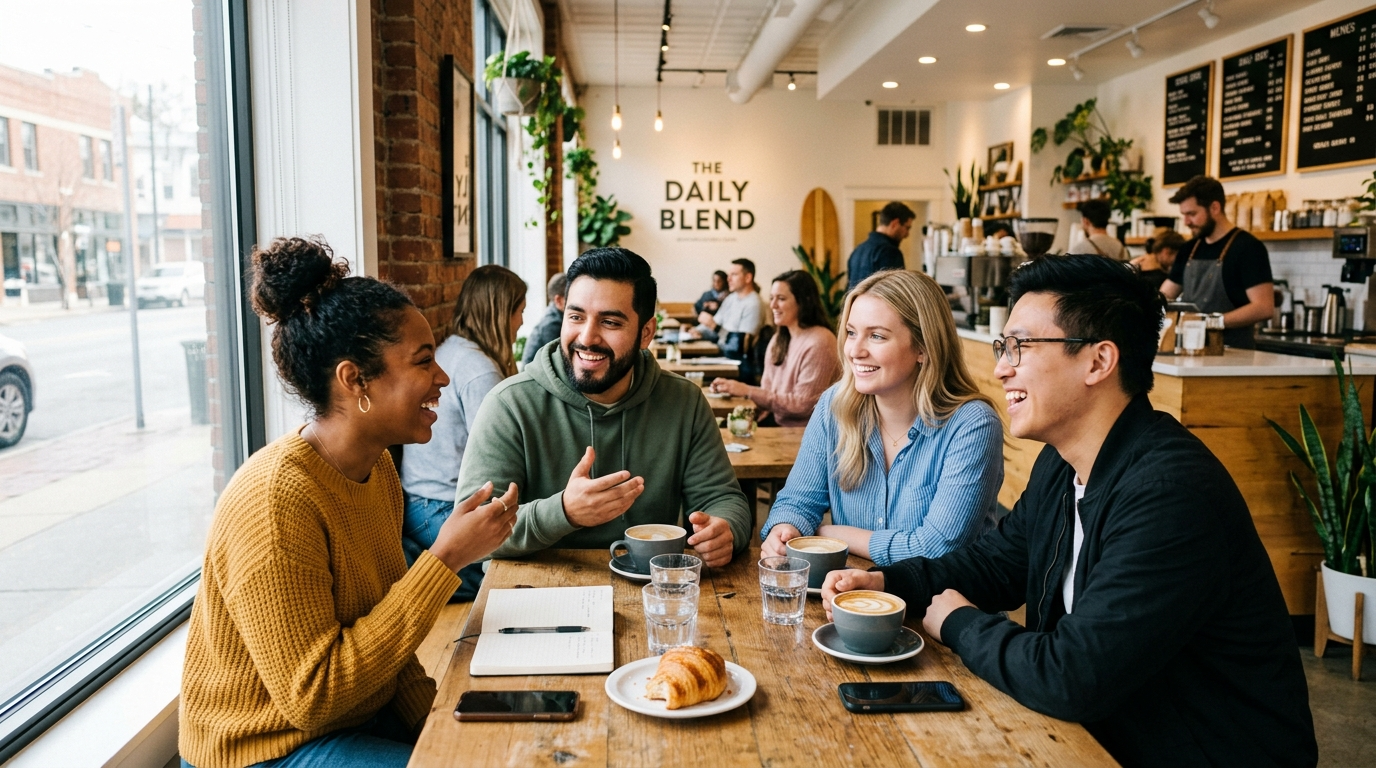 A person confidently chatting with friends at a coffee shop