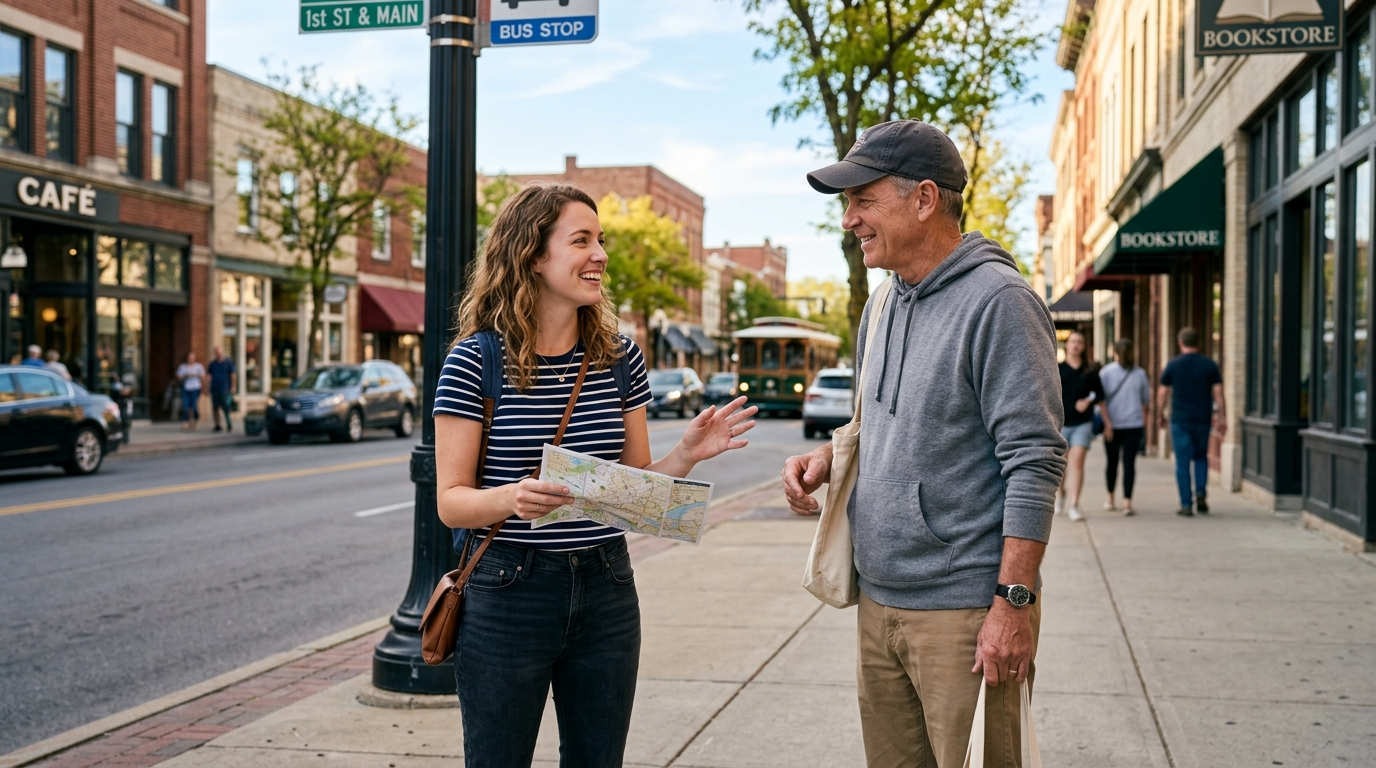 A friendly person asking for directions on a city street
