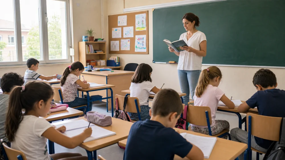 授業でディクテーションに取り組む小学生たち