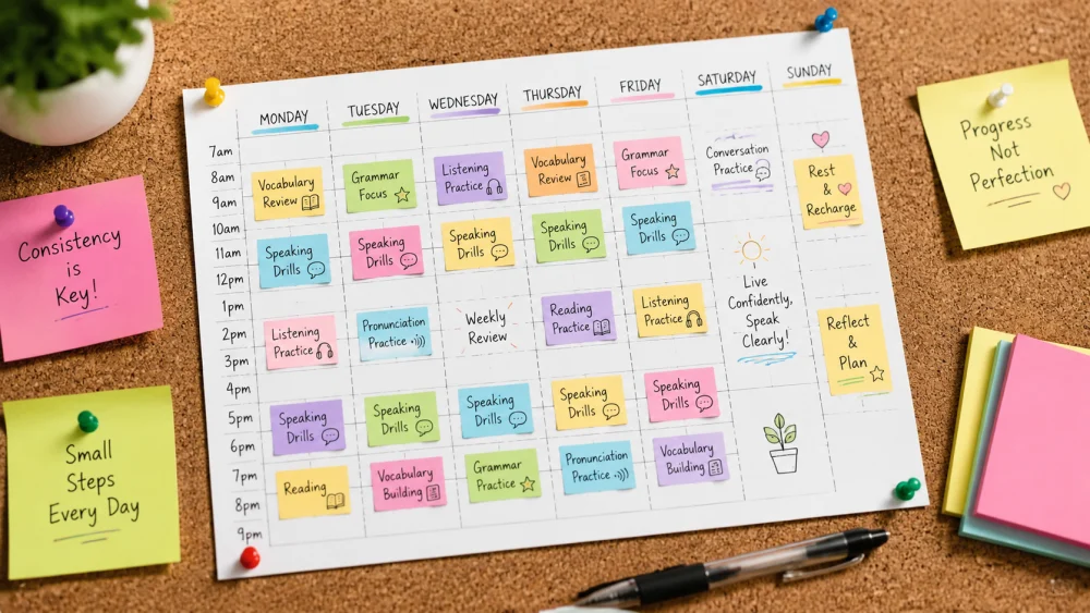 Daily practice schedule for learning english speaking fluently pinned to a wall