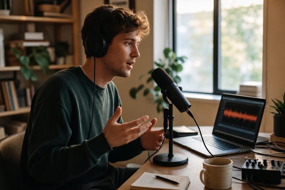 Person practicing how to learn english speaking fluently by shadowing a podcast with headphones