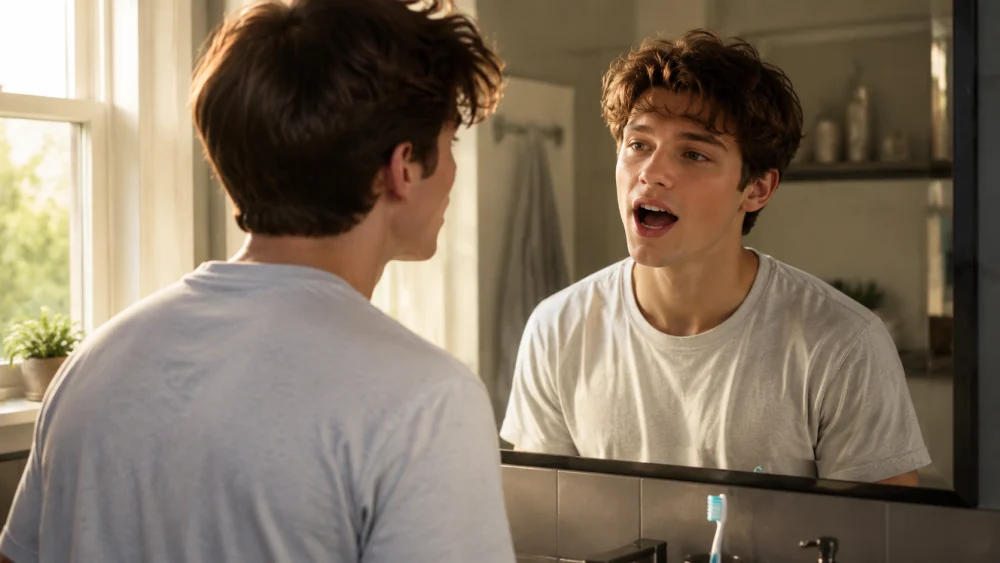 Person practicing how to be fluent in English speaking by talking to themselves in a mirror during a morning routine