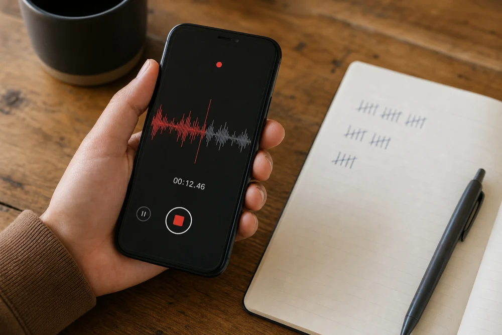 Voice memo app on a phone screen used for self-talk drills to improve English speaking fluency