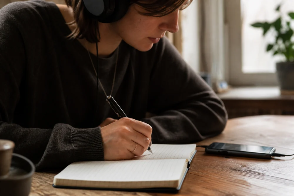 Student practicing how to use dictation in a sentence by writing in a notebook while listening to audio on headphones