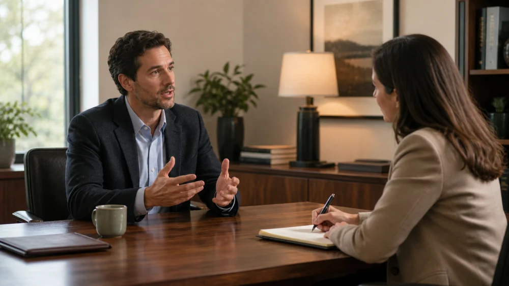 Person speaking aloud while another person writes, showing what is the meaning of dictation in an office setting