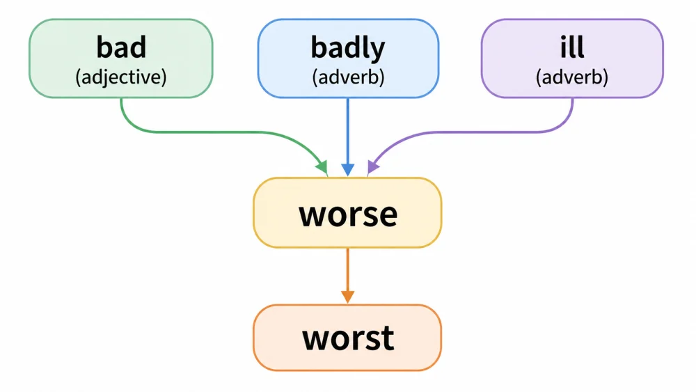 Diagram showing how bad, badly, and ill all map to worse as their comparative form