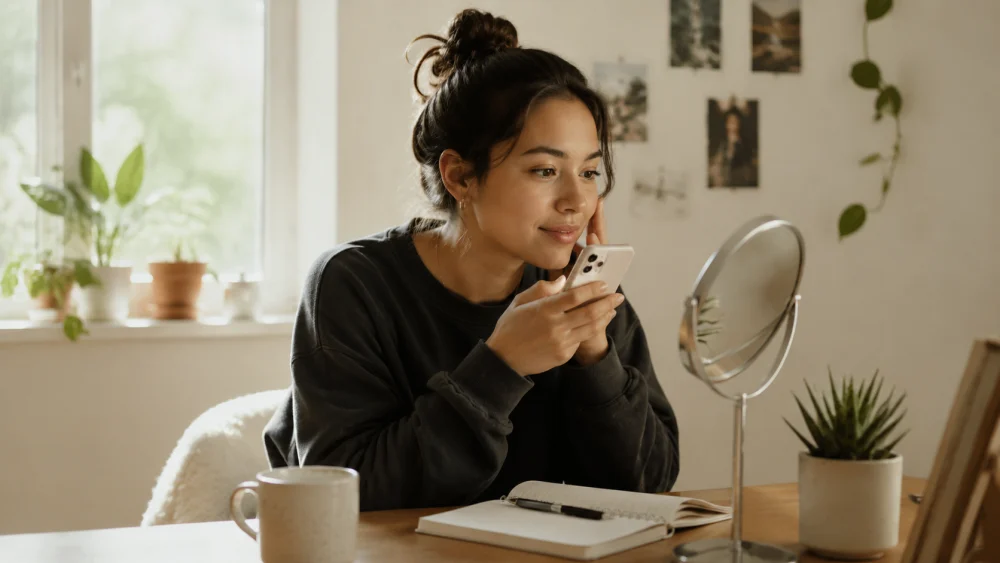 Person practicing how to speak English fluently using a phone and mirror at a home desk