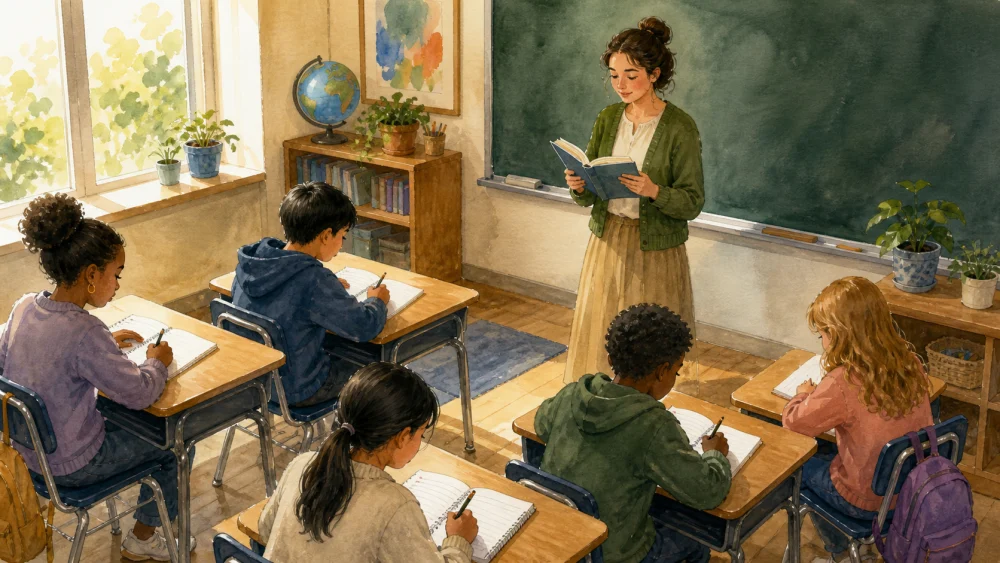 Language teacher reading aloud to students writing a dictation test, illustrating the classroom meaning of dictation