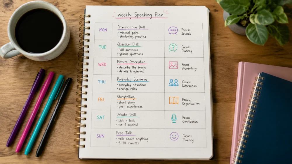 Weekly drill schedule chart for learning how to speak English fluently