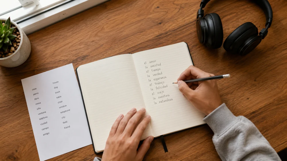 ヘッドフォンをしながらノートに英単語を書き取る学習者