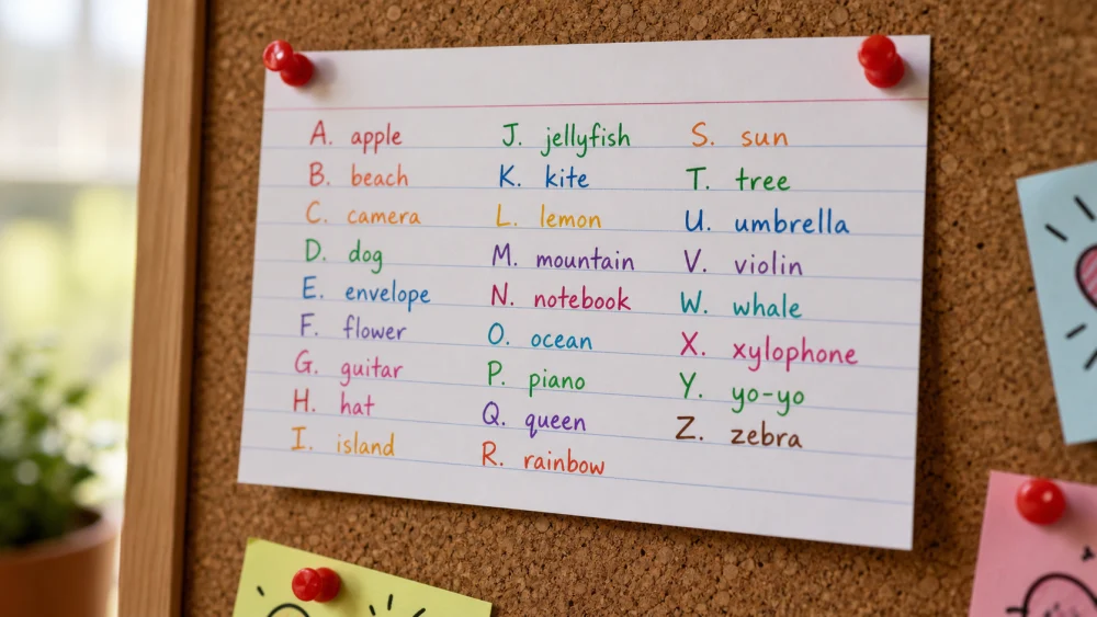 Alphabetical english dictation words reference chart pinned to a corkboard