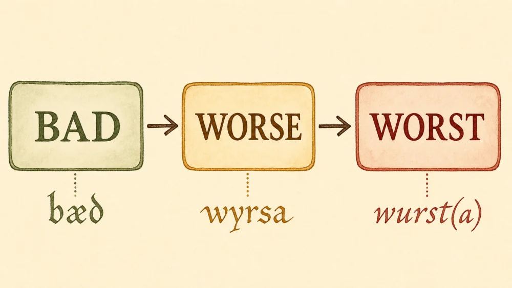 不規則な形容詞チェーンとしてのbad worse worstを示す図。異なる古英語の語根をつなぐ矢印付き