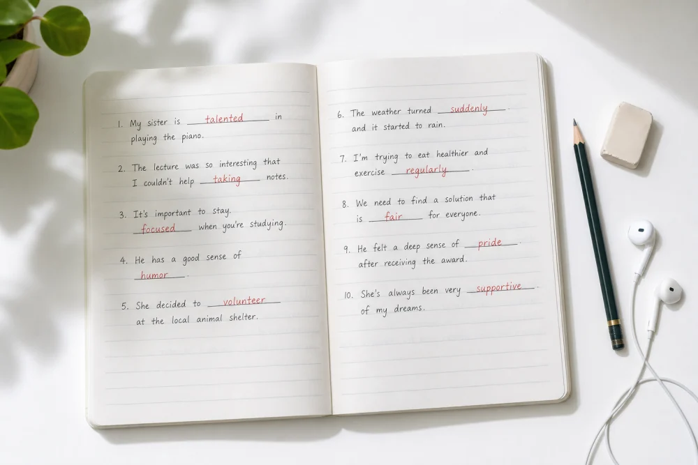 Five numbered sentence dictation drills shown as handwritten notes in a notebook to illustrate how to use dictation in a sentence