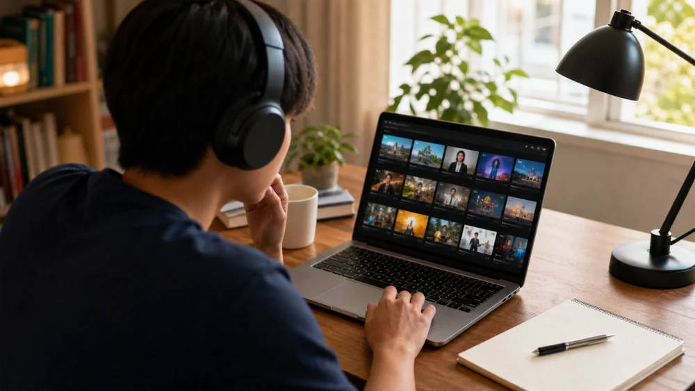 Person wearing headphones browsing channels english on a laptop screen