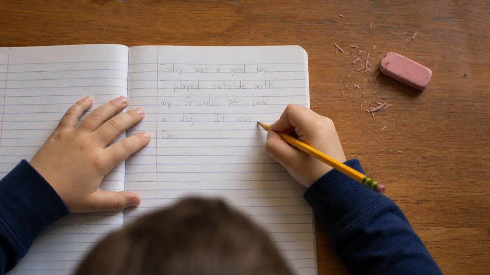 Young student writing english dictation words on notebook paper during a classroom spelling exercise