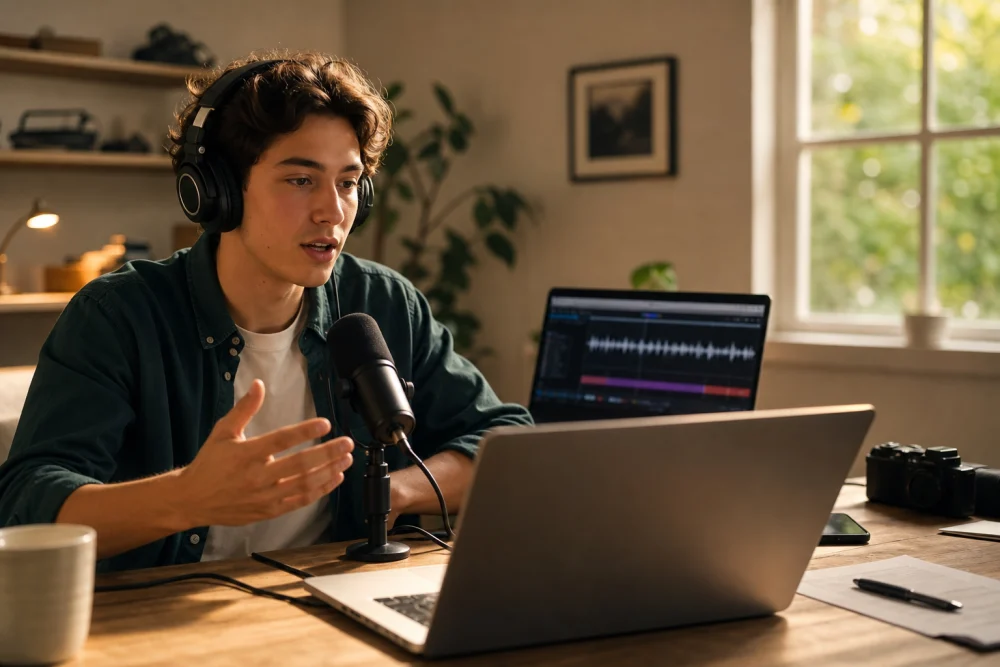 Person practicing how to speak English fluently by shadowing native audio with headphones