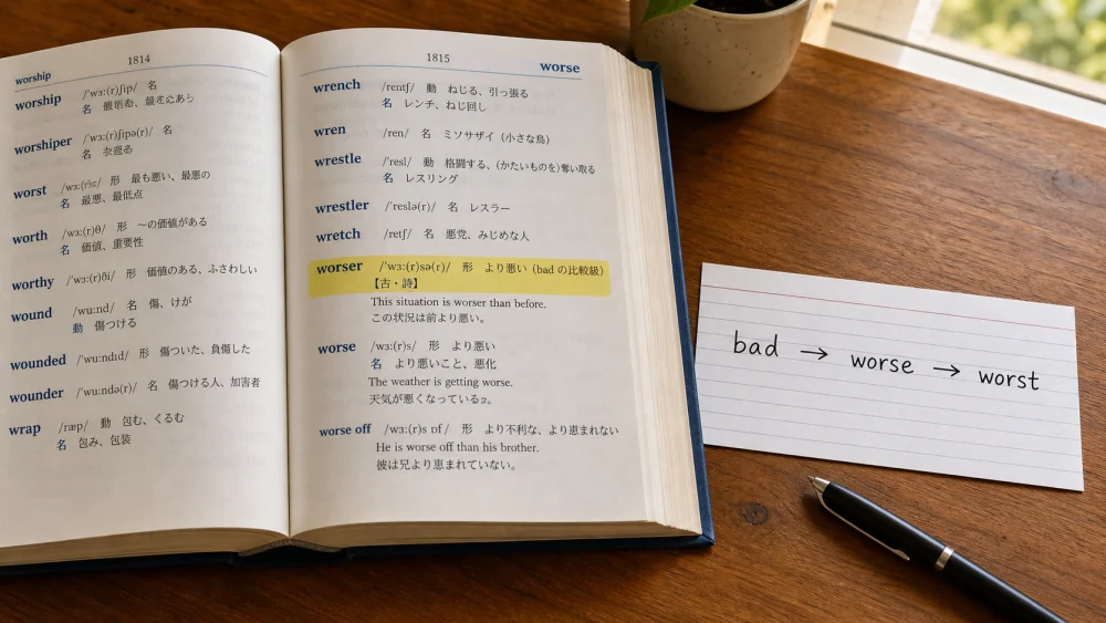 worser 意味を示す辞書ページと worse の比較級表記を並べたイメージ