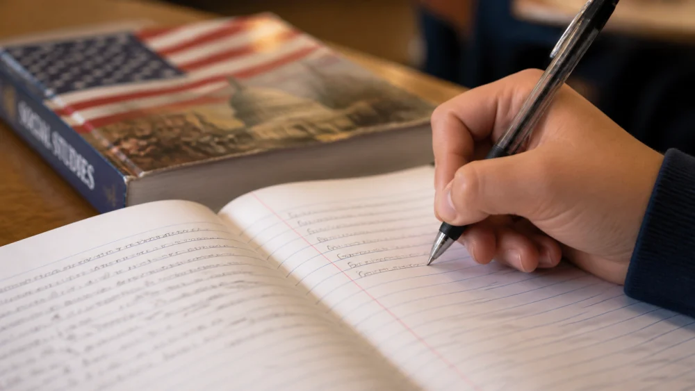 Notebook showing popular used in a sentence about voting and government
